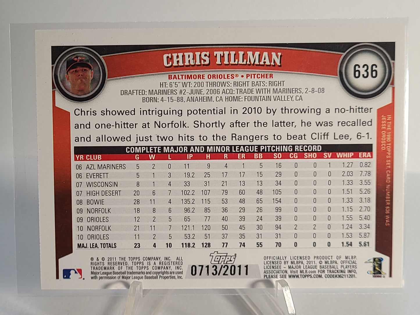 2011 Topps #636 Chris Tillman Gold #713/2011 B2R1