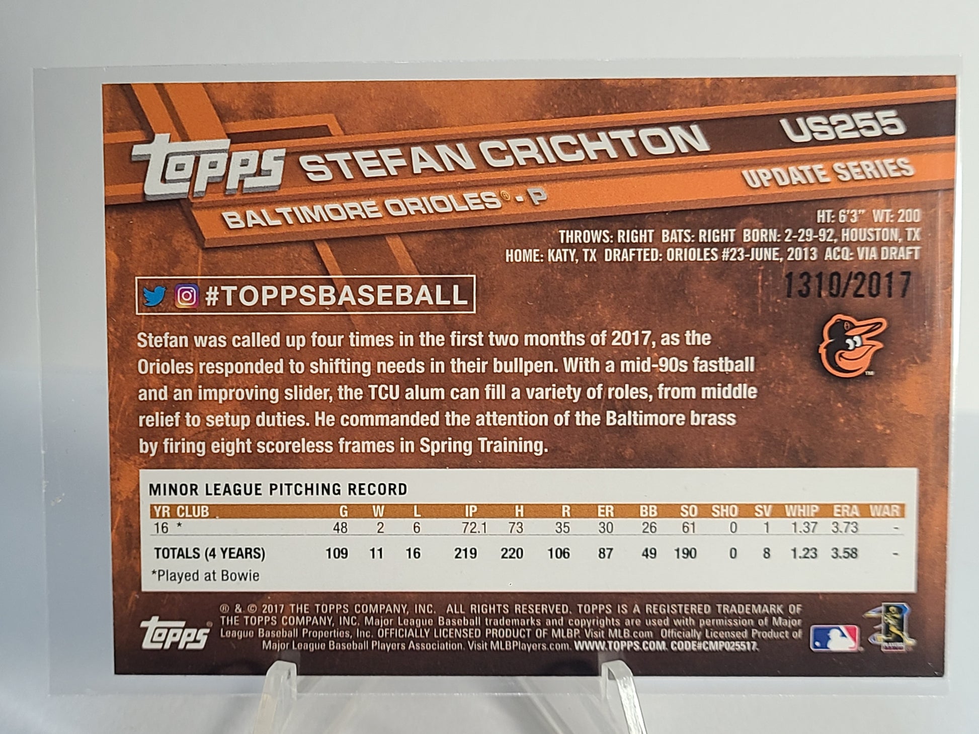 2017 Topps Update #US255 Stefan Crichton Gold #1310/2017 RC B2R1