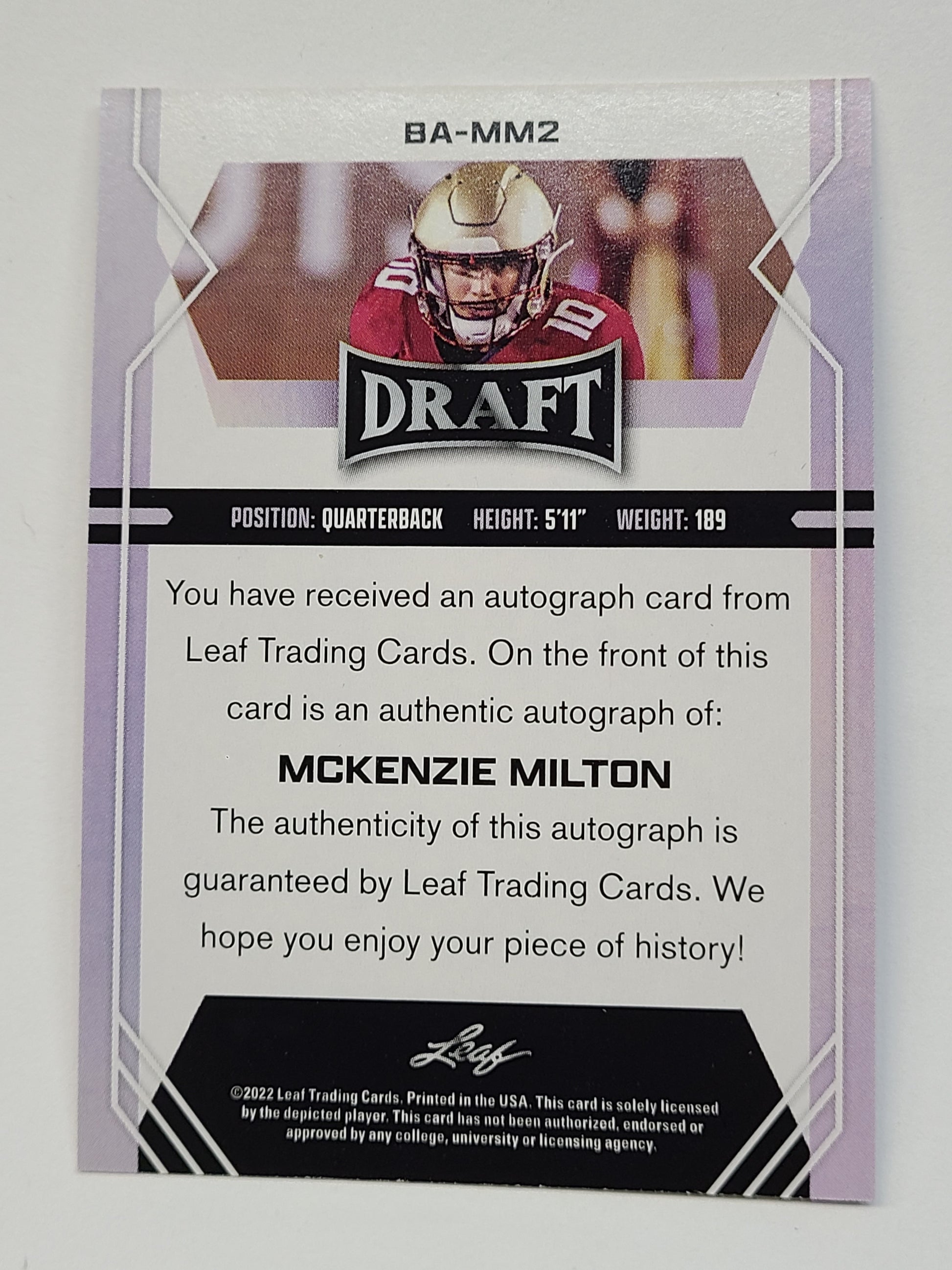 2022 Leaf Draft #BA-MM2 McKenzie Milton Autographs RC B2R2