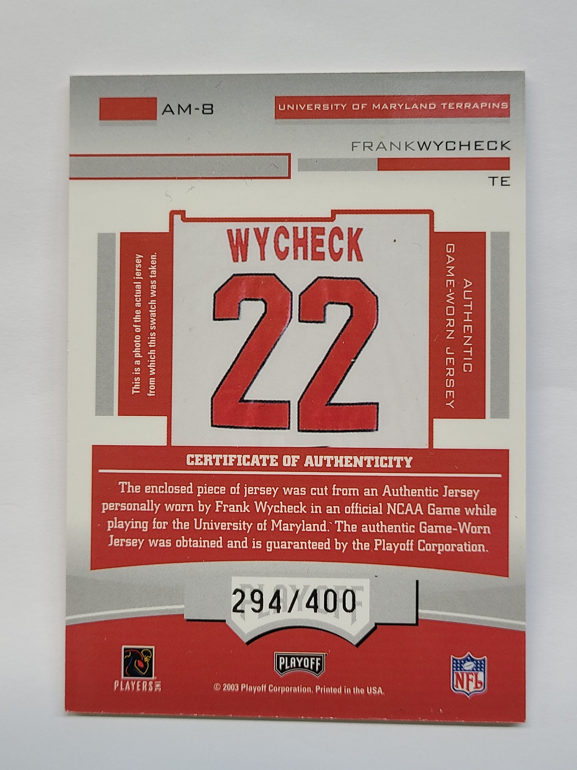 2003 Playoff Honors #AM-8 Frank Wycheck Alma Mater Materials #/400 B2R2