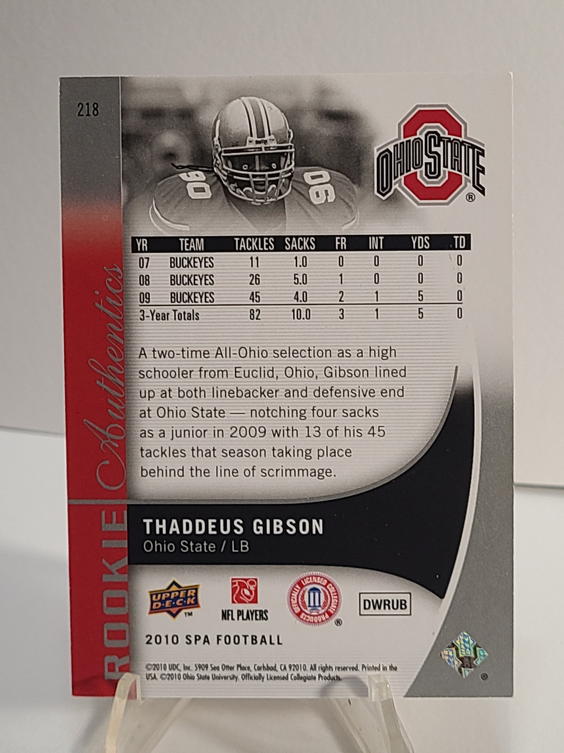 2010 SP Authentic #218 Thaddeus Gibson #/999 B3R2