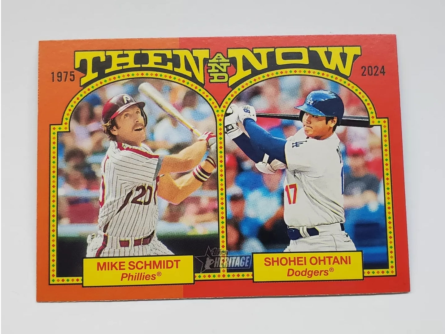 2024 Topps Heritage #TAN-2 Mike Schmidt / Shohei Ohtani Then and Now Sports Card B1R2